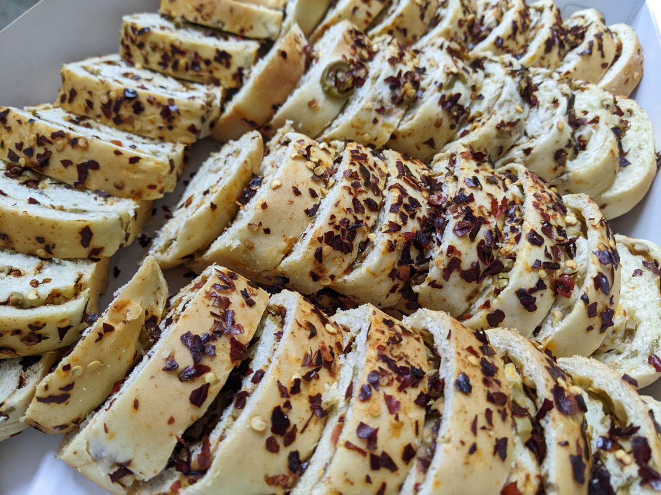Sliced spicy pepper bread platter